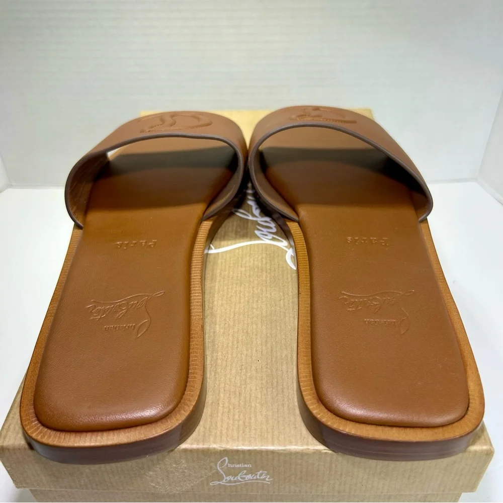 CHRISTIAN LOUBOUTIN CL MULE FLAT SANDAL EMBROIDERED LOGO BROWN LEATHER SZ 39 NEW - Picture 9 of 15
